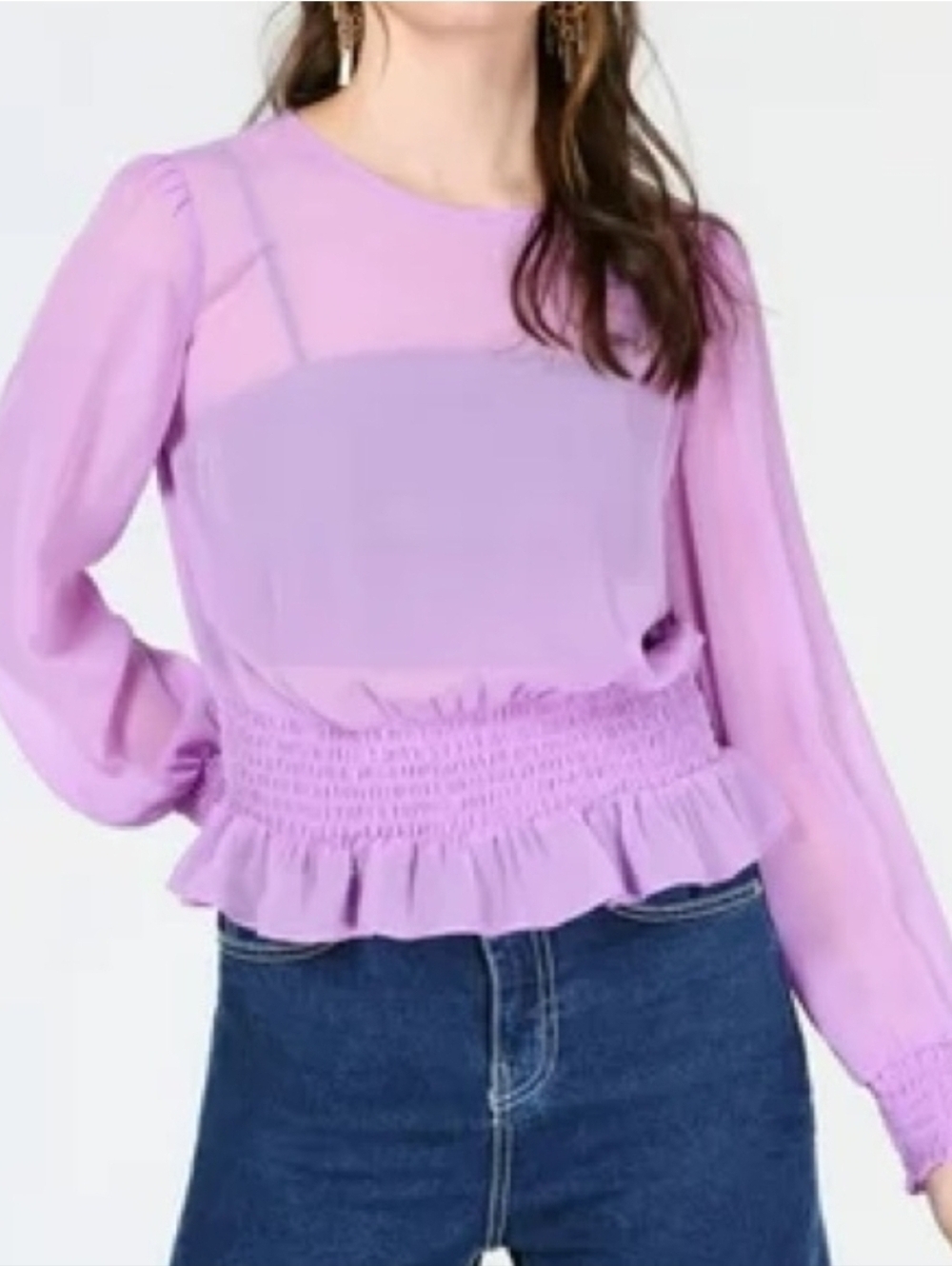 Bar III Lilac Sheer Long-Sleeve Smocked Pullover Blouse, Peplum-style, XS, NWT
